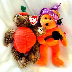 2 Halloween Beanie Babies Prunella Witch and Peter Trick or Treater Bear